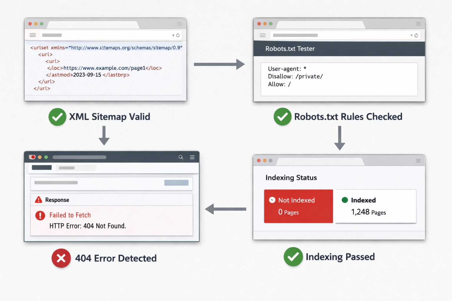 An explanatory image showing sitemap diagnostics through live XML check, response code, redirect path, robots.txt, and final host validation.
