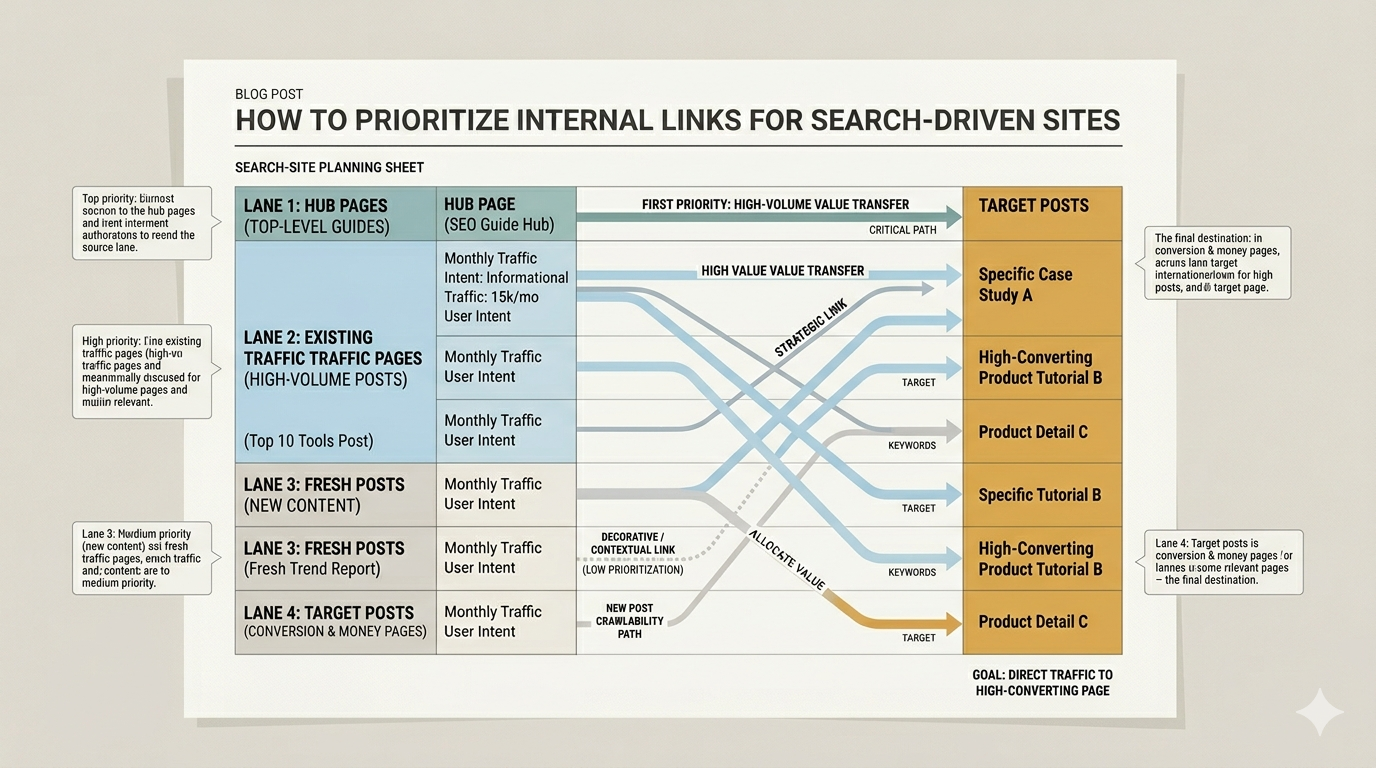 A document-style prioritization map showing hub pages, traffic pages, fresh posts, and target posts with first-priority internal links highlighted.