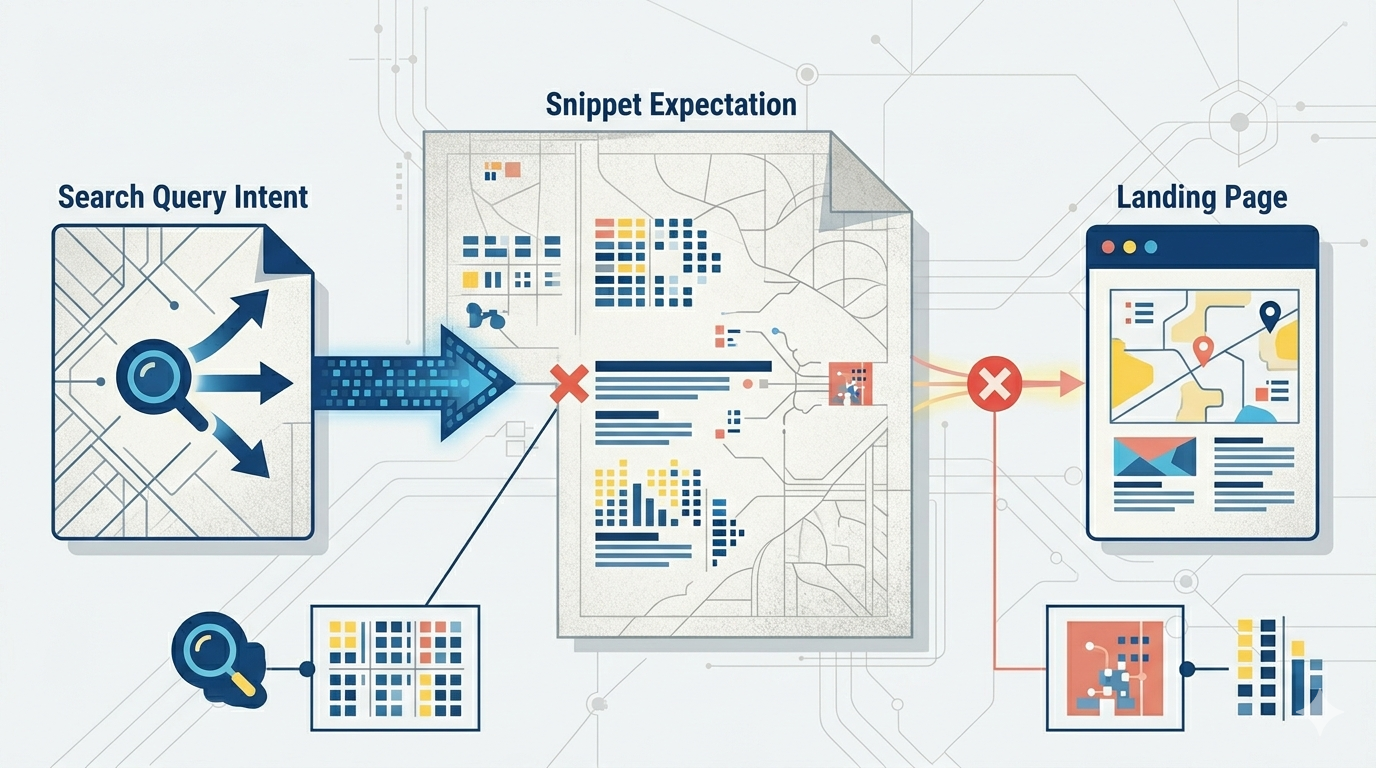 A practical structure image showing query intent, snippet expectation, and landing-page fit with visible mismatch points between them.